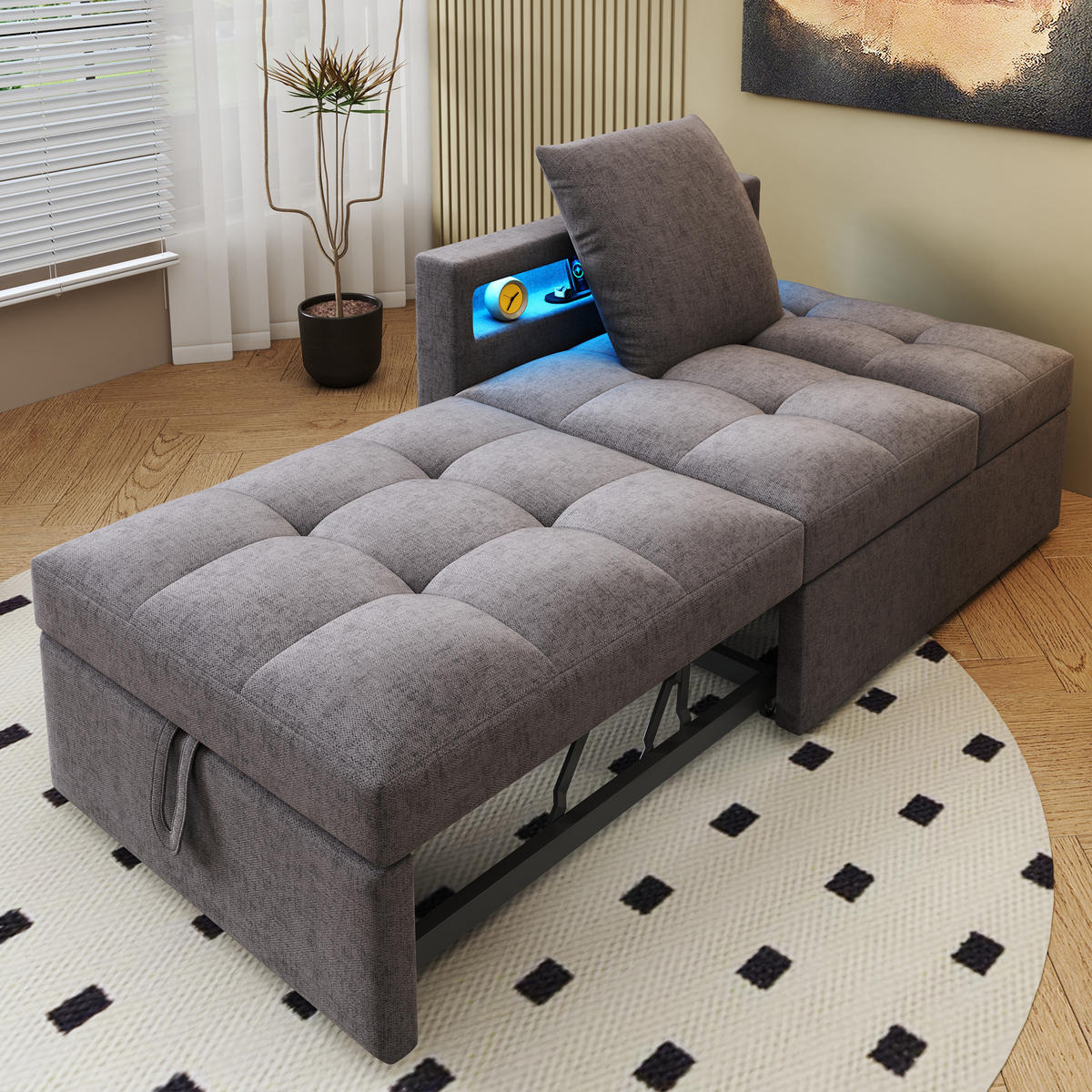 SCHLAFSOFA 3-in-1 Dunkelgrau mit verstellbarer Rückenlehne & USB-Anschlüssen 177/68/65 cm - Dunkelgrau, Leder (68/65/97cm) - OKWISH