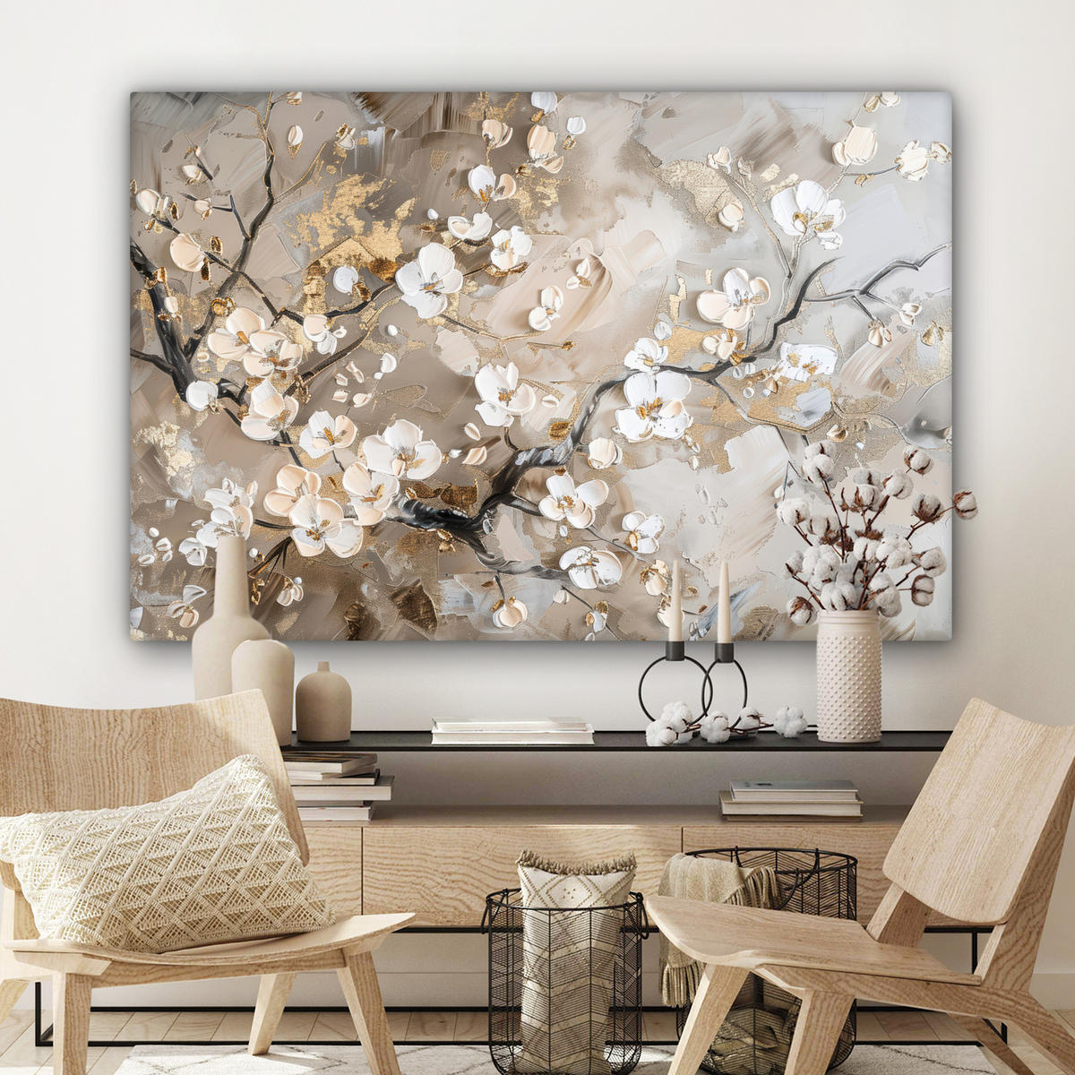OBRAZ NA PLÁTNE Kvety - biela - zlatá - béžová - luxusná 120x80 cm - sivobéžová, textil (120/80cm) - MuchoWow