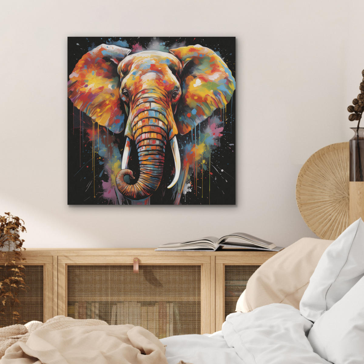 AKUSTIKBILD Elefant - Graffiti - Schwarz - Tiere - Farben Wandbilder 60x60 cm - Schwarz, Kunststoff (60/60/0.9cm) - MuchoWow