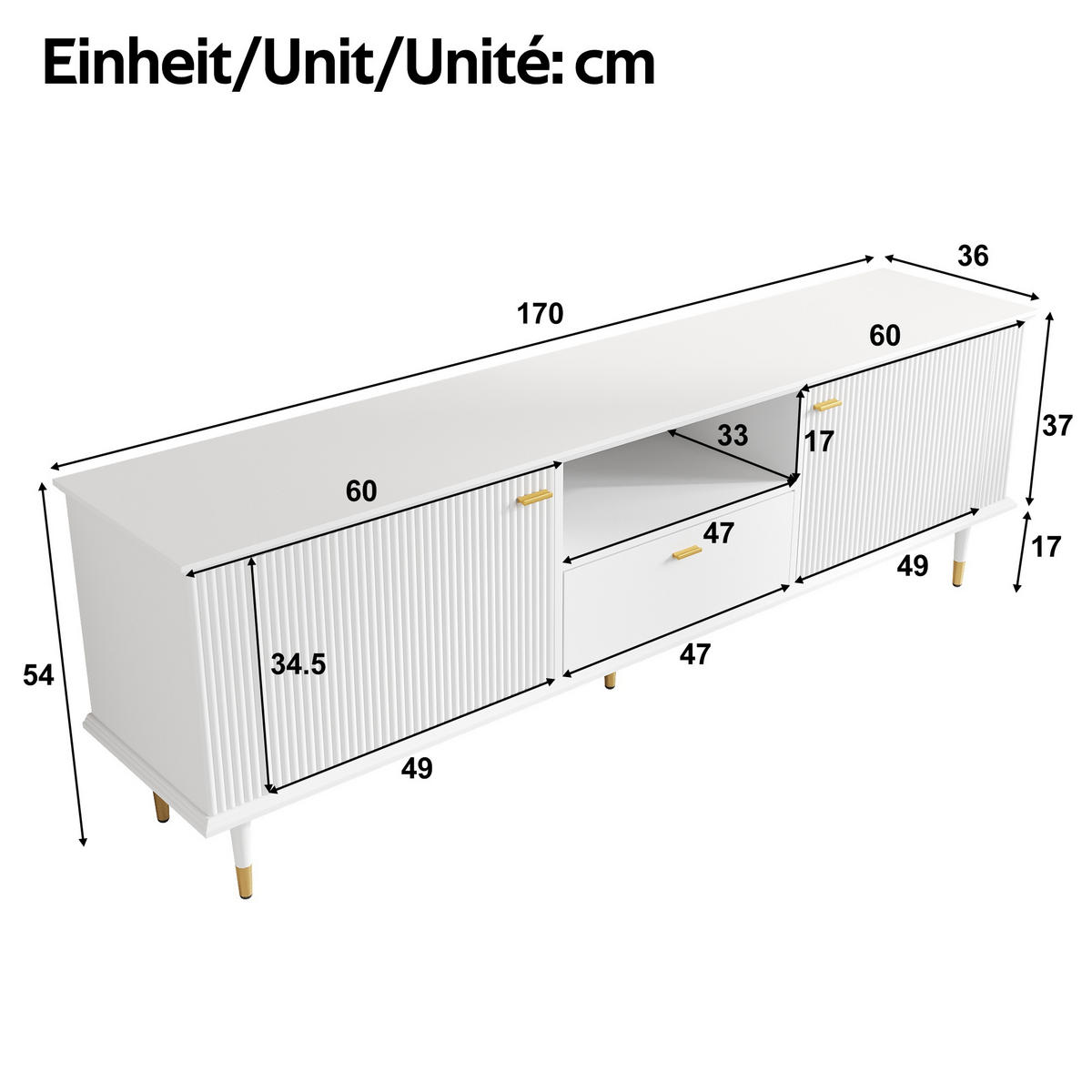 LOWBOARD in Schwarz TV-Schrank mit offenen Fächern , Schubladen und Soft-Close-Scharniere, B170/T36/H54cm - Weiß, Holzwerkstoff/Metall (170/54/36cm) - STILVORA