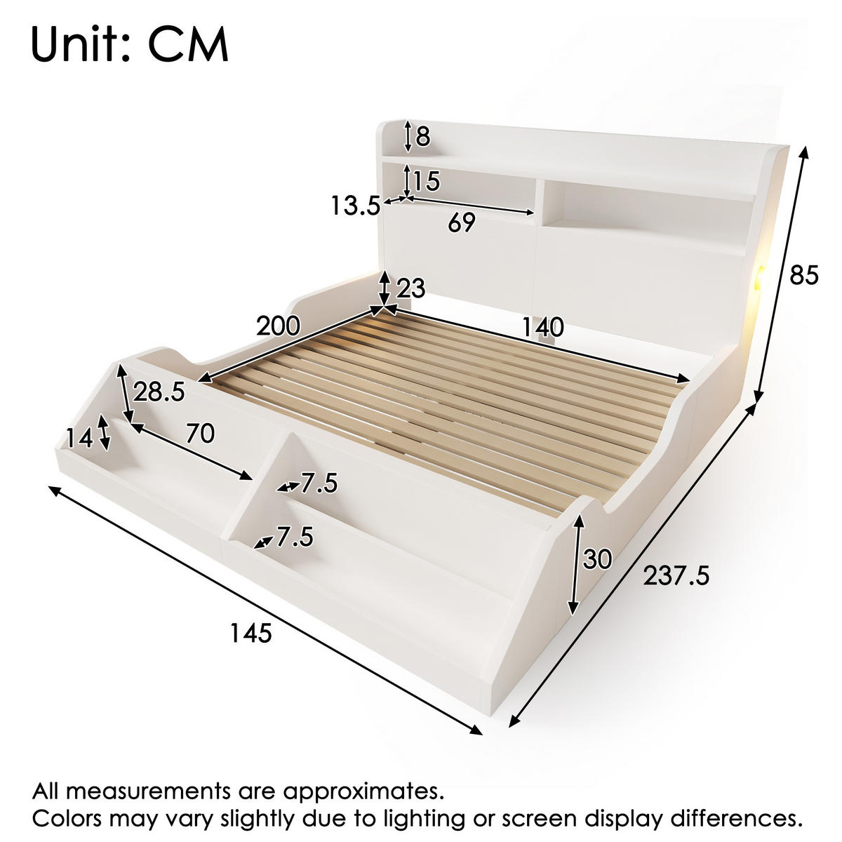 KINDERBETT 140/200 cm weiß aus Holz mit Regal und Nachtlichtern - Weiß, Holzwerkstoff (140/200cm) - OKWISH