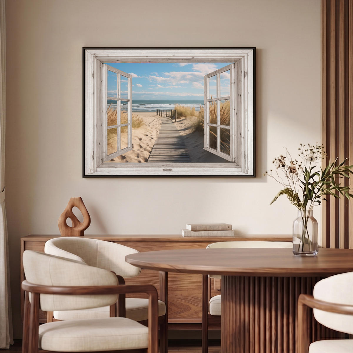 LEINWAND Bilder mit Rahmen - Fenster - Meer - Küste - Natur - Ausblick - Strand - Wattenmeer - 100x70 - Beige, Textil (100/70cm) - MuchoWow