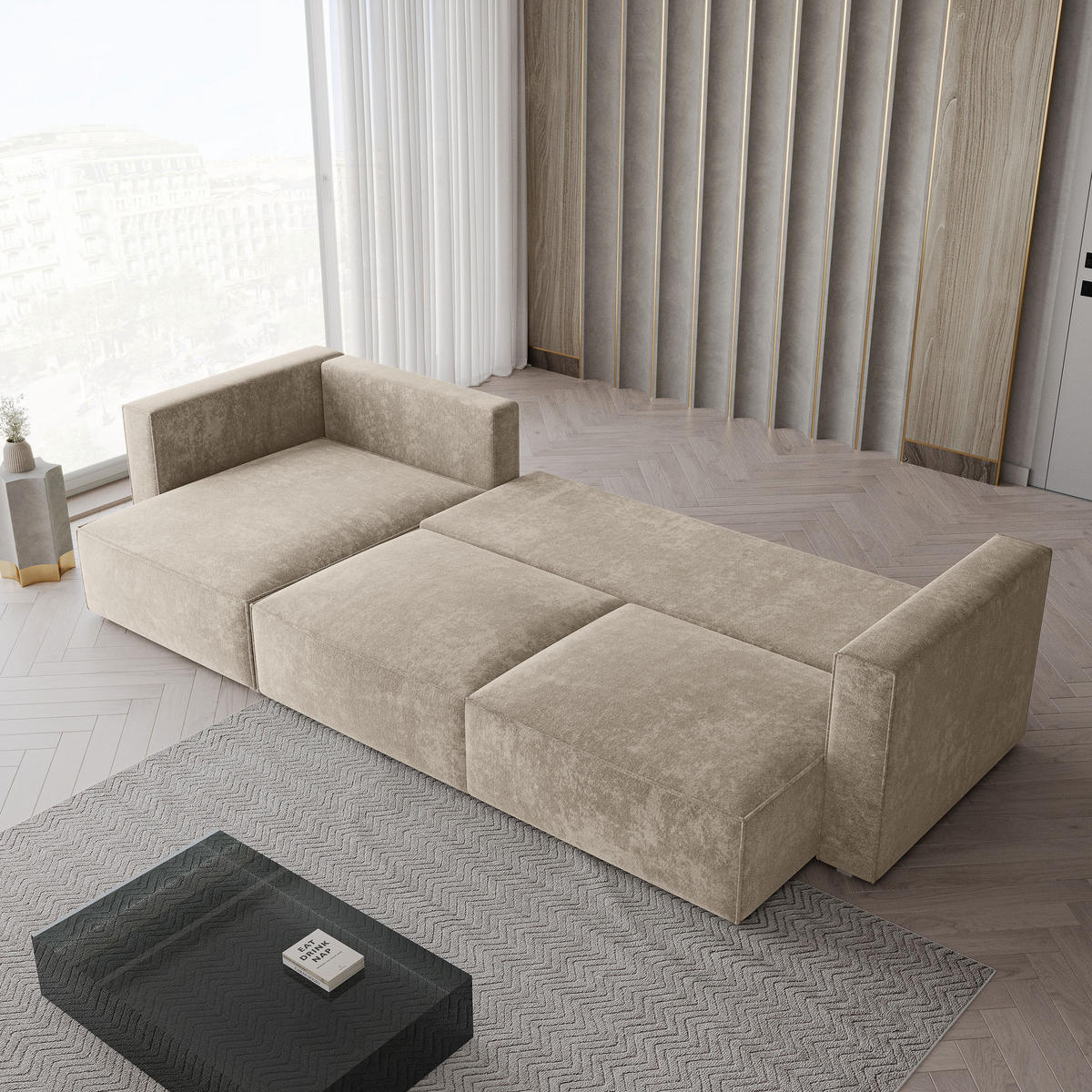 ECKSOFA TOLMO LM Creme Chenille mit Schlaffunktion - Creme, Holzwerkstoff/Textil (347/148cm) - MASSENO