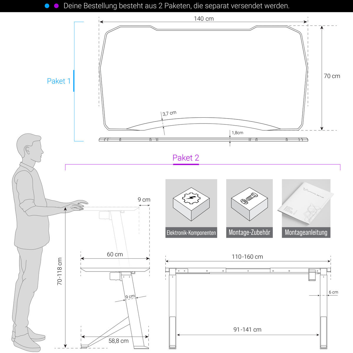 GAMING Tisch höhenverstellbar elektrisch 140x70 cm, Carbon-Optik - Schwarz, Kunststoff (140/70/120cm) - Ultimate Setup