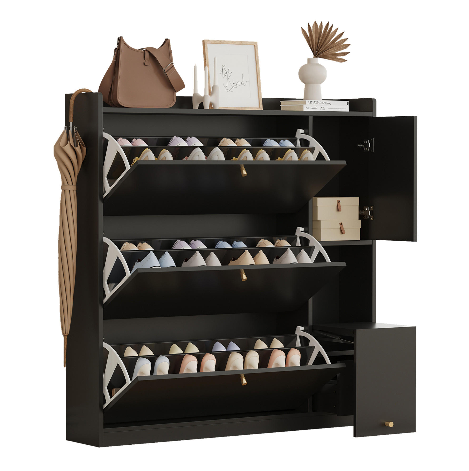 SCHUHSCHRANK mit Klappen 119/24/122 cm in Schwarz mit Sitzbank und Schublade - Schwarz, Holzwerkstoff (119/122/24cm) - BEAOK