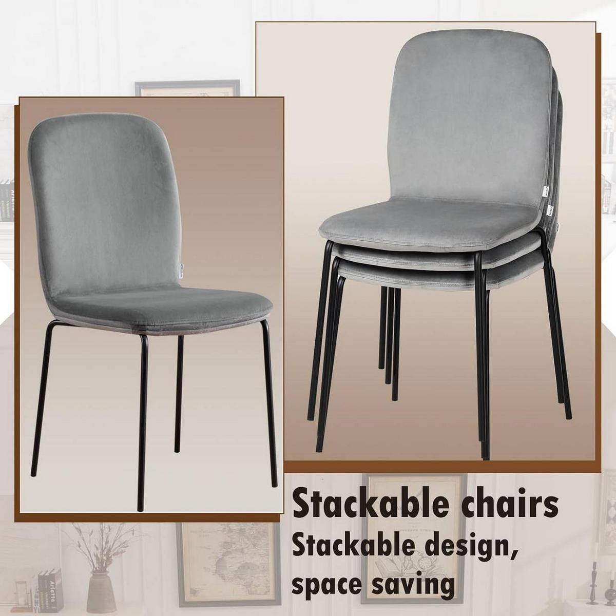 ESSZIMMERSTUHL 4er Set, Stapelstuhl, Samt, Dunkelgrau - Dunkelgrau/Schwarz, Textil/Metall (44/86/58.5cm) - Woltu