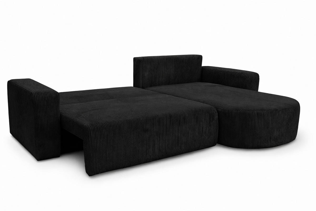 ECKSOFA Mit Schlaffunktion, Cordstoff Poso, Schwarz, Rechts, ROUND ONE XL - Schwarz, Holz (271/175cm) - Kaiser Möbel