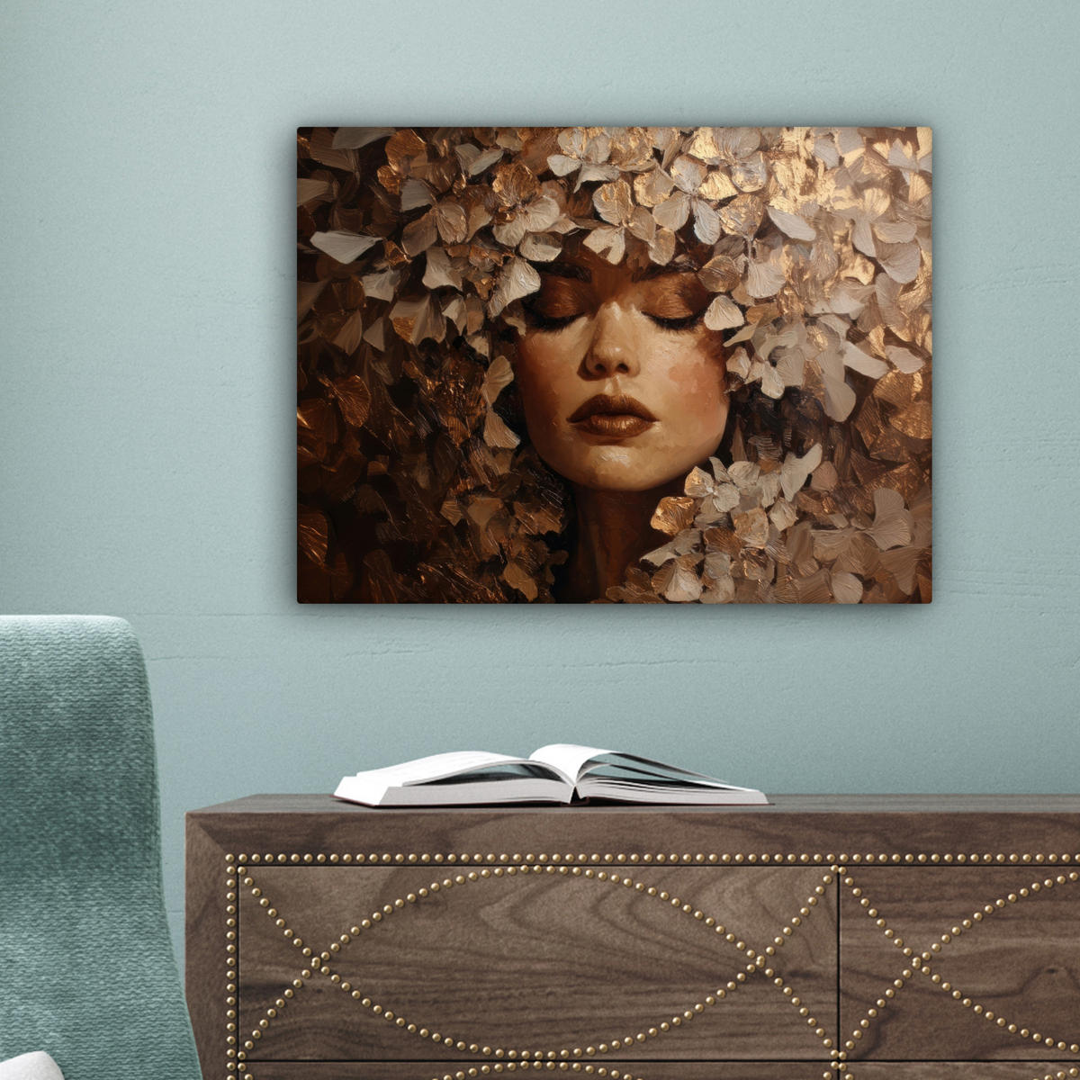 LEINWANDBILD Gesicht - Dame - Blätter - Pinselstriche Wandbild 40x30 cm - Goldfarben, Textil (40/30cm) - MuchoWow