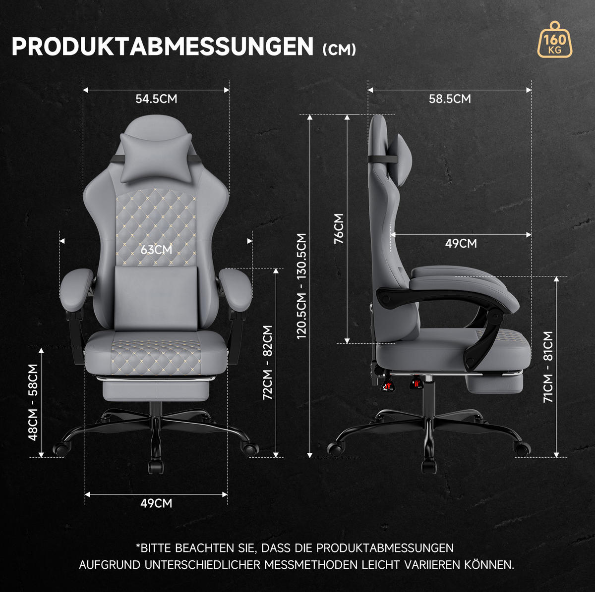 GAMING-STUHL ergonomisch verstellbar Leder Grau mit Fußstütze - Grau, Kunststoff (63/120.5/58.5cm) - Meubliv