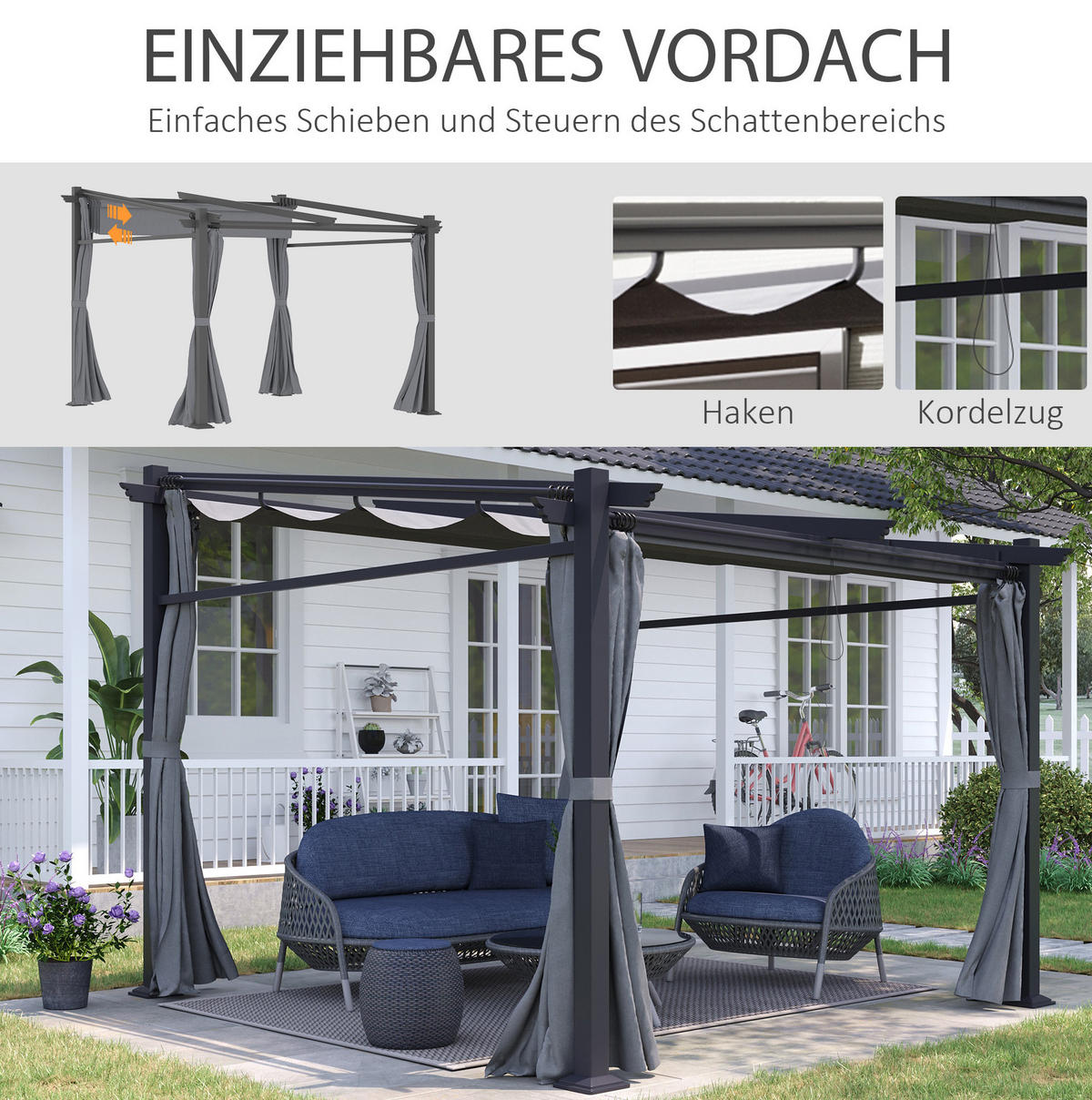 PAVILLONS aus Stahl 2,97x2,95x1,95-2,3 m in Dunkelgrau mit ausziehbarem Vordach - Dunkelgrau, Metall (295/230/297cm) - Modfu
