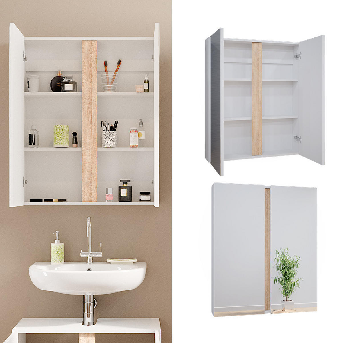 BADSPIEGELSCHRANK Gloria Weiß 70.4 x 84 cm mit 2 Türen - Weiß/Sonoma Eiche, Holzwerkstoff (70.4/84/15.9cm) - Vicco