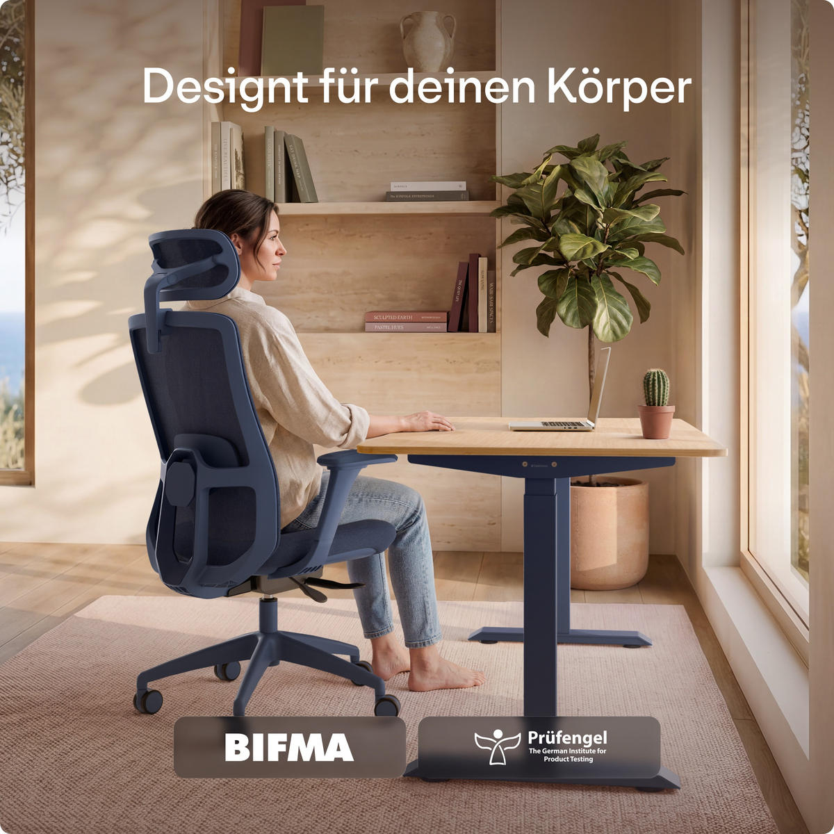 BÜROSTUHL Verstellbarer Ergonomischer SitOne Blau 4-Dimensional Armlehne, Integrierte 4-Wege-Lendenwirbelstütze - Blau, Kunststoff (60/125/68cm) - Desktronic