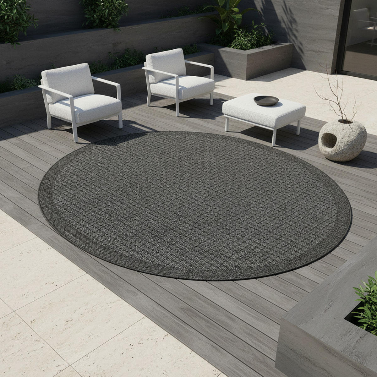 TEPPICH Outdoor Flachgewebe Uni-Farbe Polypropylen Balkon Schwarz Rund 160x160 - Grau, Textil (160/160cm) - KADIMA DESIGN