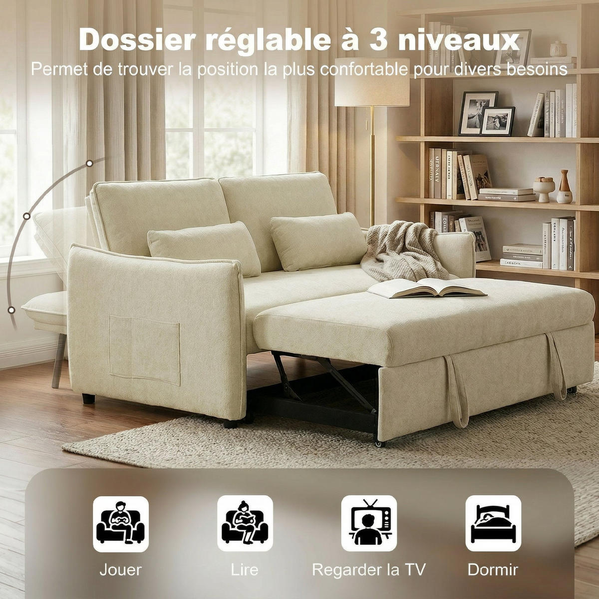 SCHLAFSOFA 2-Sitzer DE-14661 3-in-1 mit Getränkehaltern & verstellbarer Lehne Beige - Beige, Textil (166/84/90cm) - ComfortXL