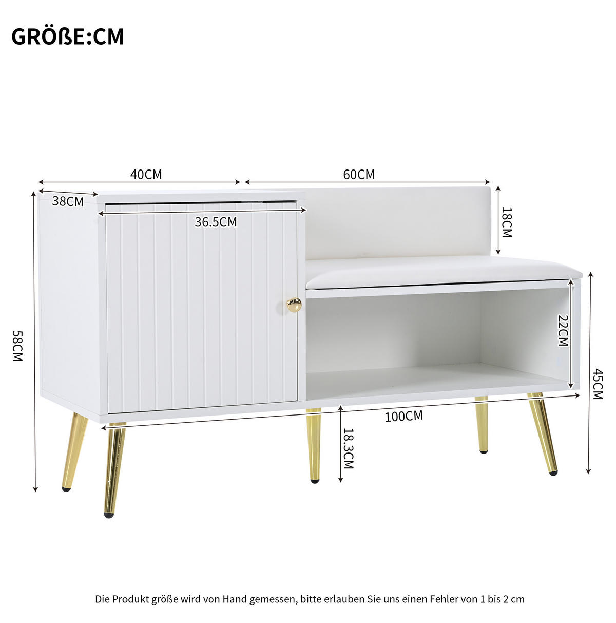 SCHUHSCHRANK in Weiß Schuhkommode mit Stauraum gepolsterter Sitzbank Rückenlehne Metallgriffe Eingangsbereich, B100/T40/H58cm - Goldfarben/Weiß, Holzwerkstoff/Metall (100/58/38cm) - STILVORA