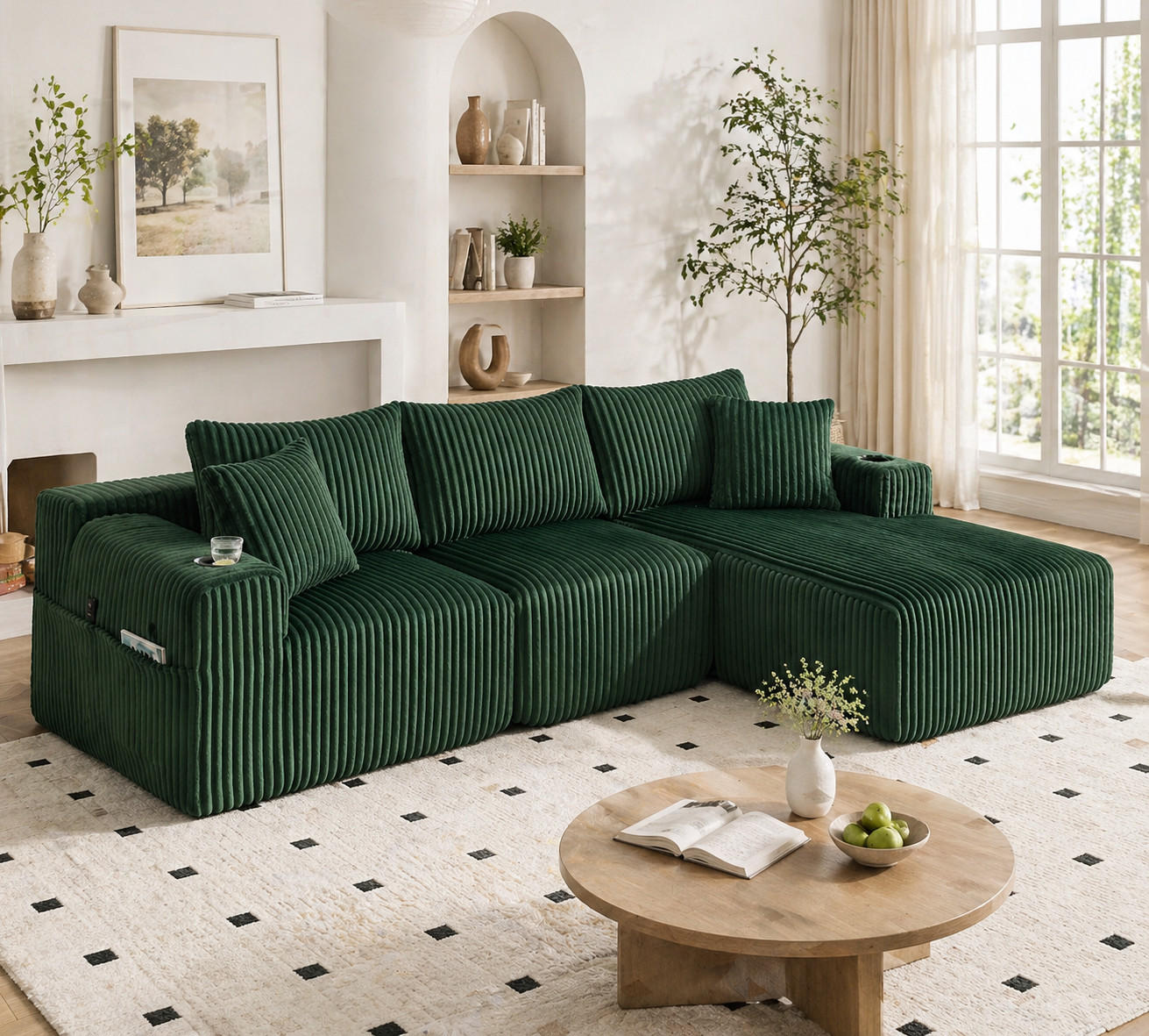 ECKSOFA 257/90-160/62 cm smaragdgrün aus Cord mit Cupholdern - Smaragdgrün, Textil (160/257cm) - OKWISH