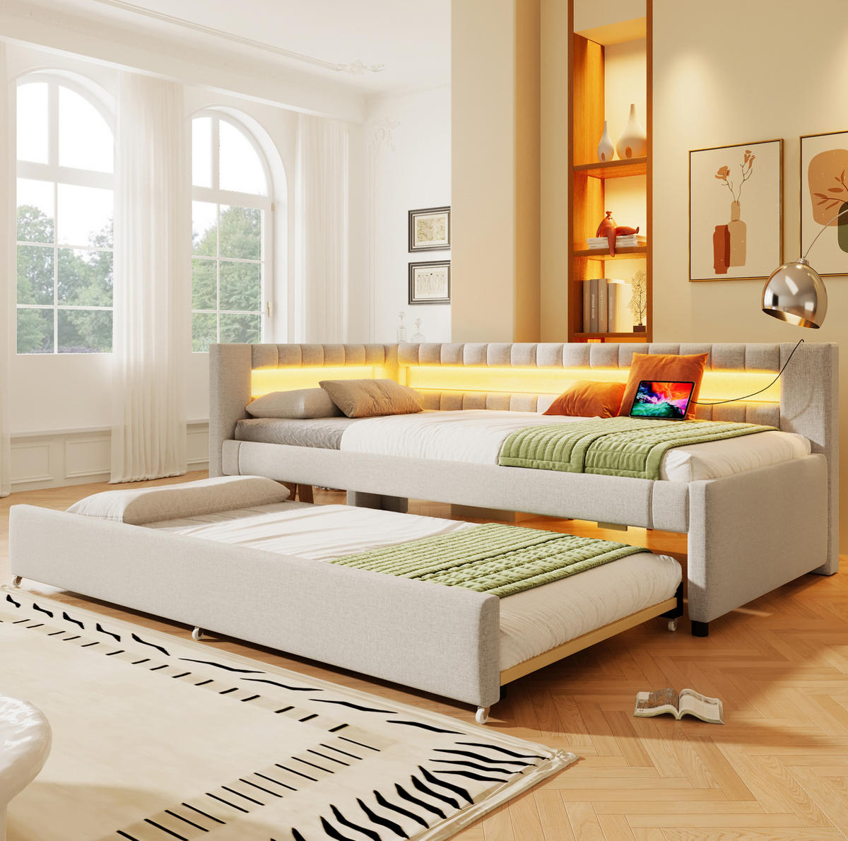 POLSTERBETT 90/200 cm Beige aus Leinen mit Ausziehbett und LED-Lichtleiste - Beige, Textil (90/200cm) - OKMYHOME