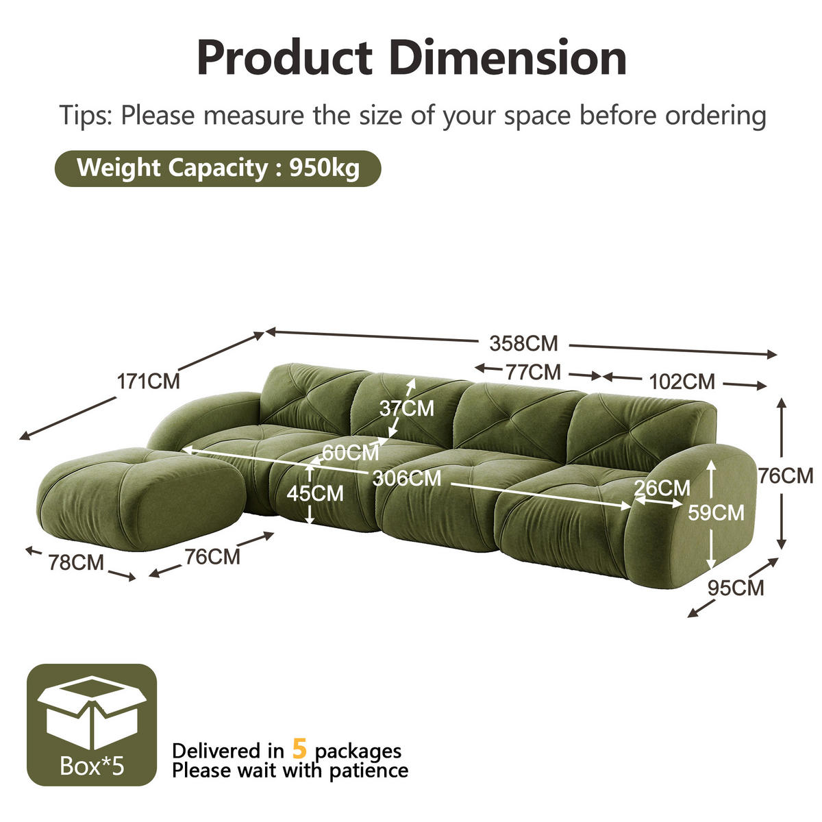 4-SITZER ECKSOFA Grün - Grün, Textil (358/171cm) - WISHDOR