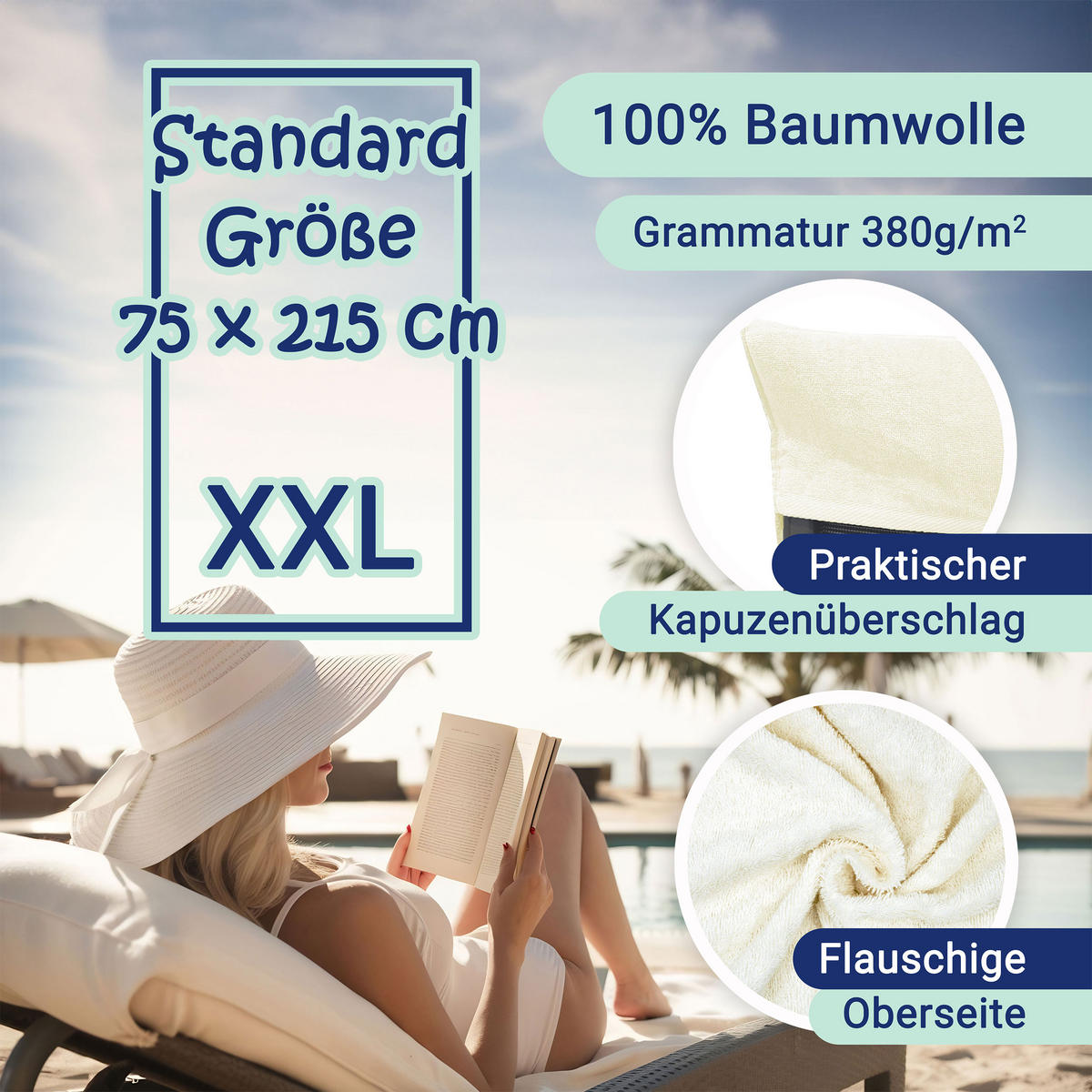 STRANDTUCH, 75x215 cm, 100% Baumwolle, Creme - Creme, Textil (75/215cm) - Zollner