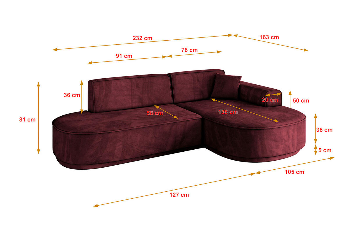 ECKSOFA Ottomane Rechts MARI-L1-v3 - 232x163x81 cm Bordeaux Velours - Bordeaux/Schwarz, Holzwerkstoff/Kunststoff (232/163cm) - ALTDECOR