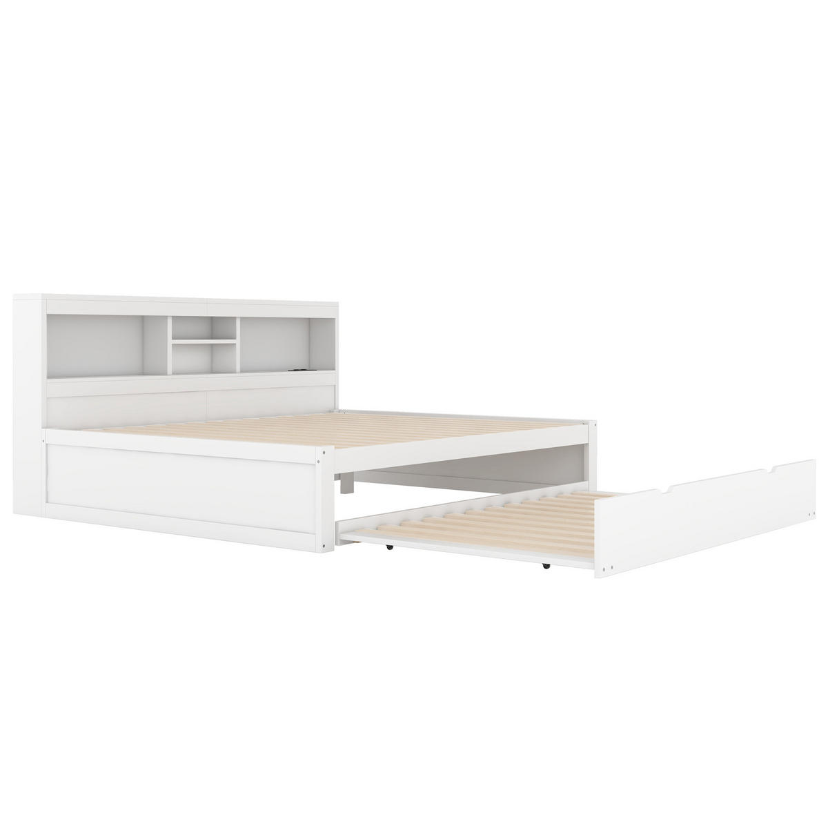 RAHMENBETT,140X200CM, LED, Nachttisch, Ausziehbar, Steckdose+USB, Weiß - Weiß, Holzwerkstoff (140/200cm)