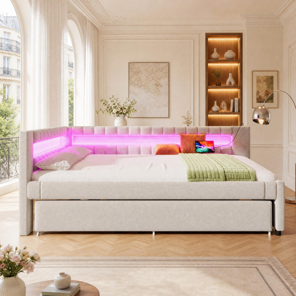 POLSTERBETT 140/200 mit Ausziehfunktion, LED-Lichtleiste mit App-Steuerung und Anschlüssen in Beige - Beige, Holzwerkstoff/Textil (140/200cm) - EVRYAE
