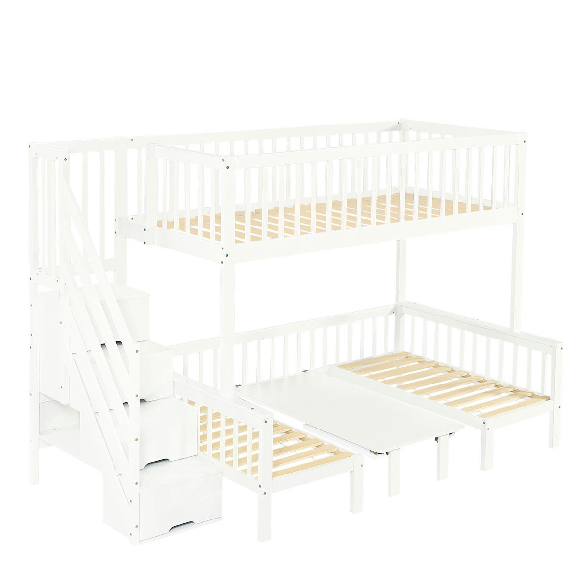 ETAGENBETT mit Stauraumtreppe und Klapptisch 90x200/120x200 cm Weiß - Weiß, Holz (90/200cm) - Meubliv