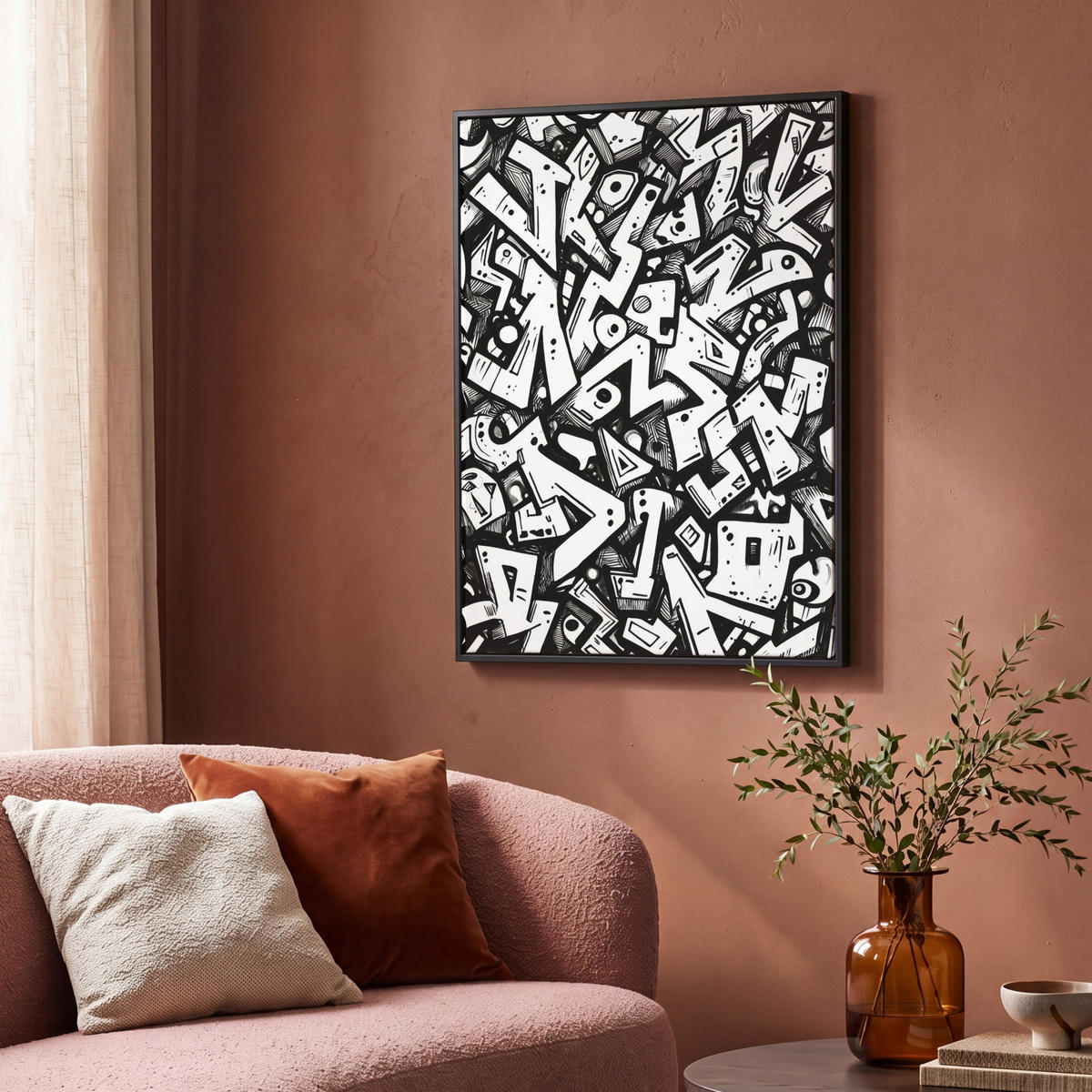 LEINWAND Bilder mit Rahmen - Formen - Buchstaben - Graffiti - Schwarz - 70x100 - Schwarz, Textil (70/100cm) - MuchoWow
