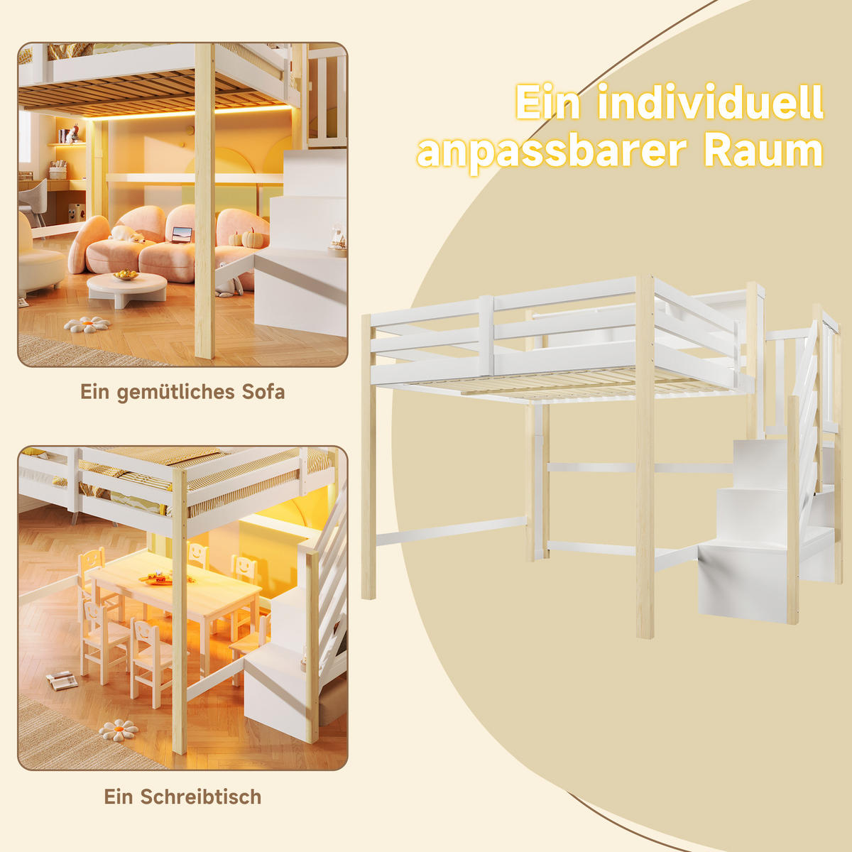 HOCHBETT 140/200 cm Weiß + Natur mit LED-Leuchten, Stauraumtreppe, offenem Staufach - Weiß, Holz (140/200cm) - Oxeza