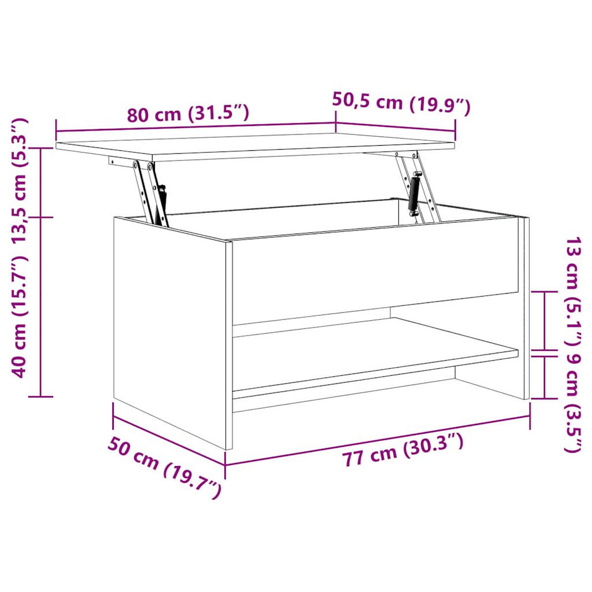 COUCHTISCH mit verstellbare Tischplatte, 80/50/40 cm, aus Holzwerkstoff, Weiß - Weiß, Holz (80/50/40cm) - vidaXL