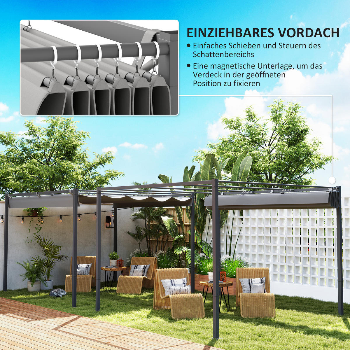 PERGOLA mit einziehbarem Dach Grau 298/297/221 cm - Grau, Metall (297/221/298cm) - Outsunny