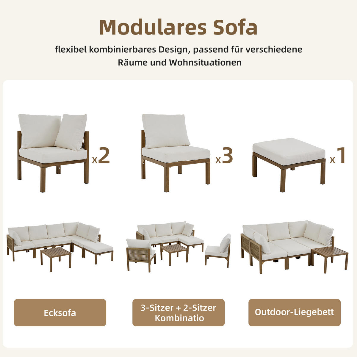 MODULARES Garten Lounge Set 240×180×84 cm für 6 Personen, beige - Beige, Textil