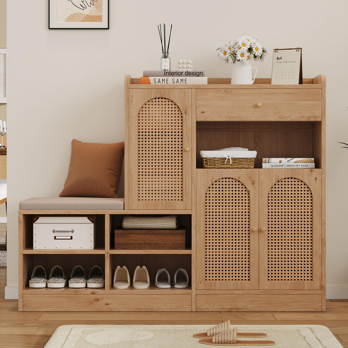 SCHUHSCHRANK mit Sitzbank Rattan Holzoptik 142x35x110cm - Naturfarben, Holzwerkstoff (35/110/142cm) - FLIEKS