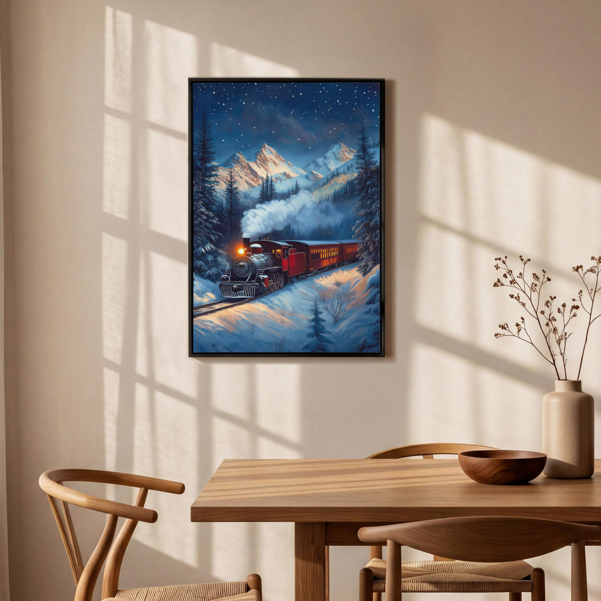LEINWAND Bilder mit Rahmen - Zug - Weihnachten - Schnee - Weihnachtszug - 60x90 - Anthrazit, Textil (60/90cm) - MuchoWow