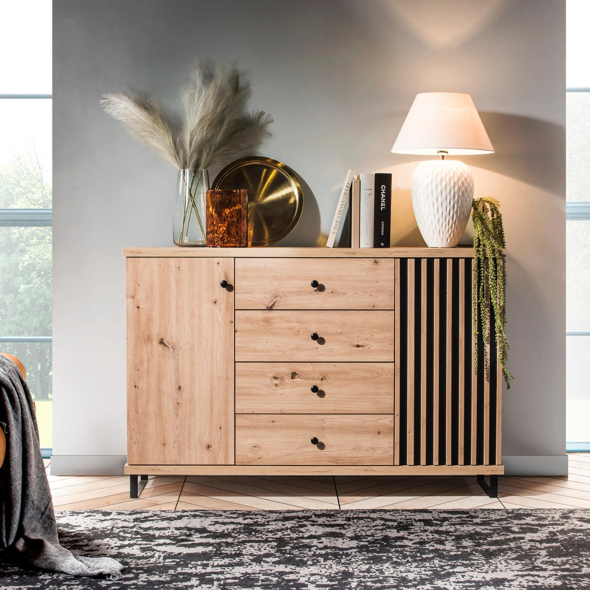 SIDEBOARD NAKUSP C5 Lamellen Eiche Artisan - Schwarz/Eiche Artisan, Glas/Holzwerkstoff (102/86/41cm) - Komodee