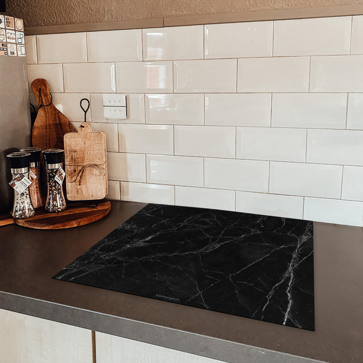 HERDABDECKPLATTE Schwarz - Marmor 60x52 cm - Schwarz, Kunststoff (60/0.2/52cm) - MuchoWow