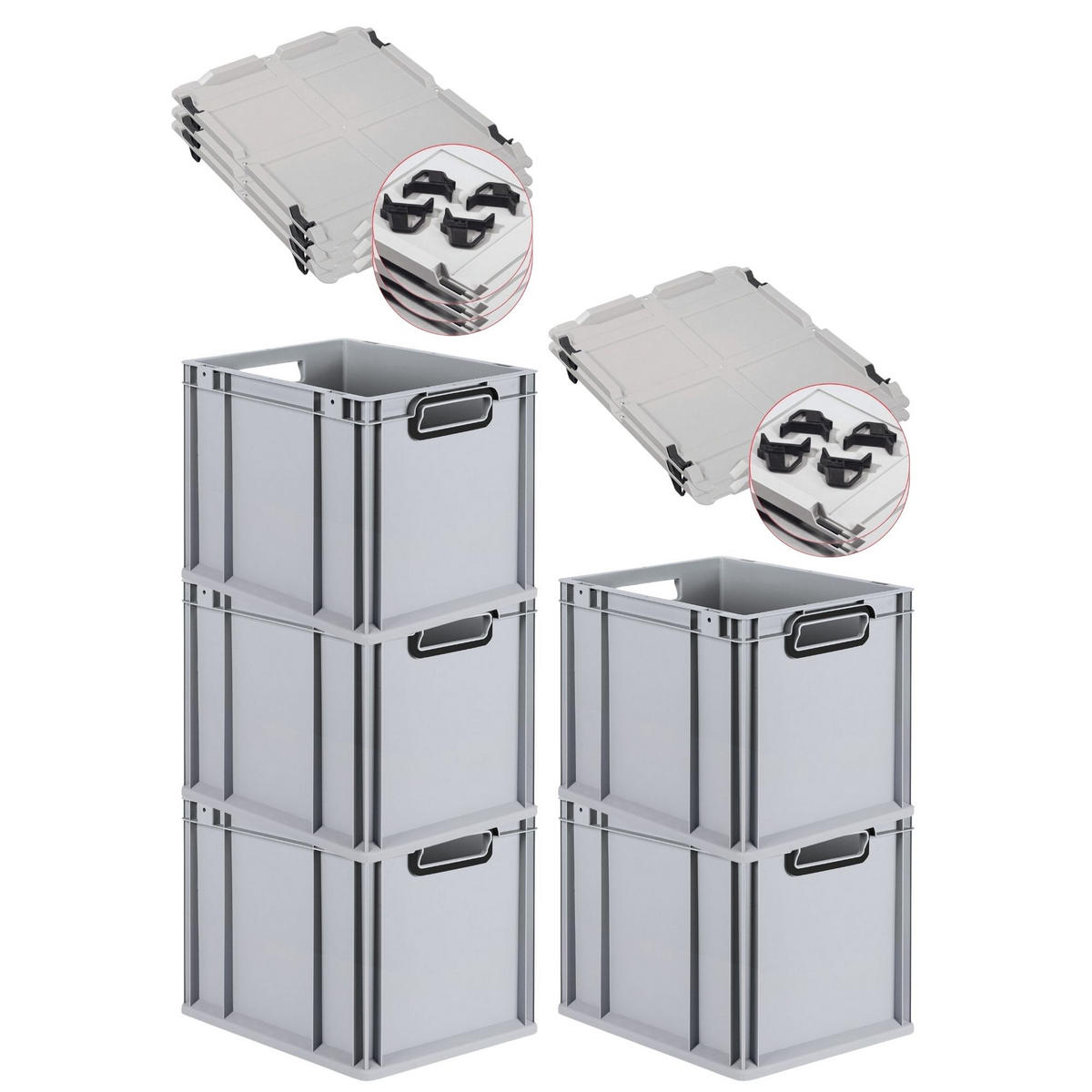 EUROBOX 5x NextGen Color mit Auflagedeckel 32x30x40 cm 30 Liter Grau Griffe schwarz offen - Schwarz/Grau, Kunststoff (30/32/40cm) - PROREGAL