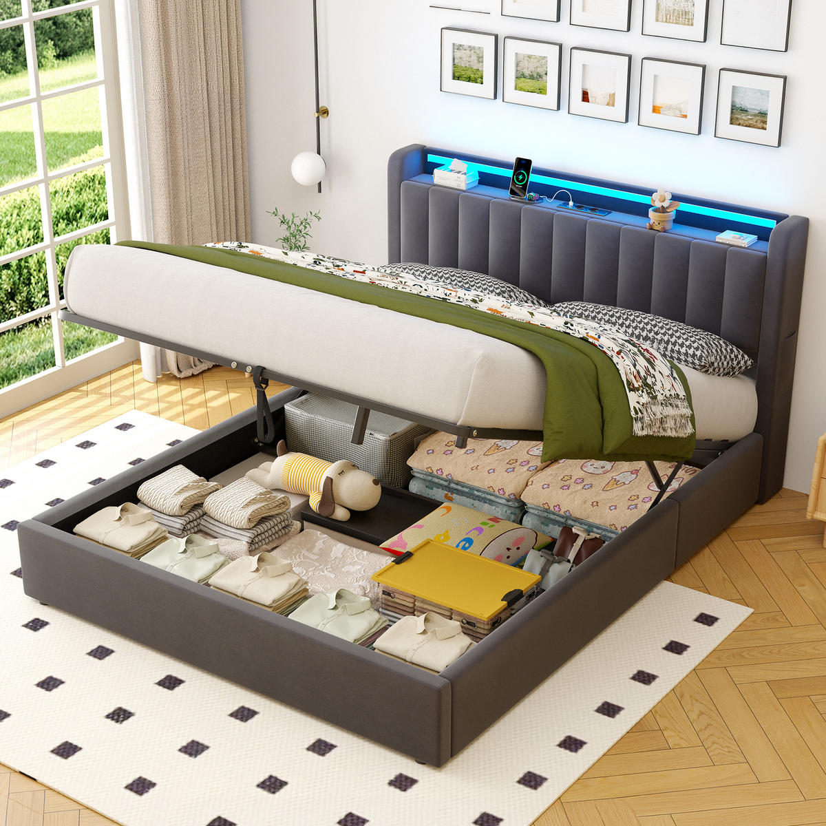 ČALOUNĚNÁ POSTEL 160/200 cm s matrací a úložným prostorem, se zásuvkou a LED osvětlením - šedá, kov/kompozitní dřevo (160/200cm) - STILVORA