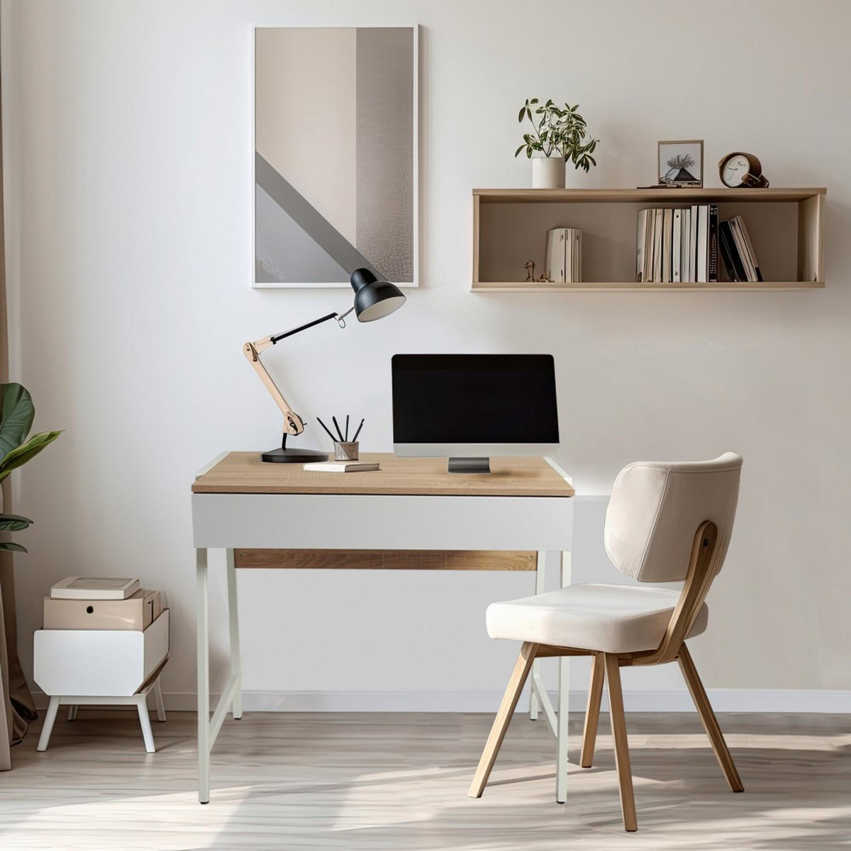 SCHREIBTISCH POLLUX / Gebleichte Eiche Dekor und Weiß - Multicolor/Weiß, Holzwerkstoff/Metall (84/48/76cm) - Weber Industries