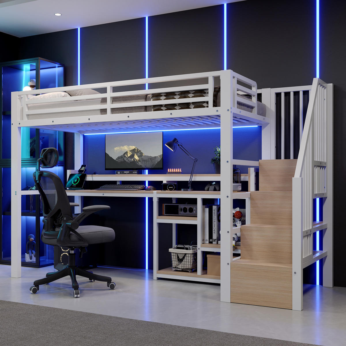 HOCHBETT 90/200 cm mit Leiterschrank und LED, DE-41996, in Weiß - Weiß, Metall (90/200cm) - ComfortXL