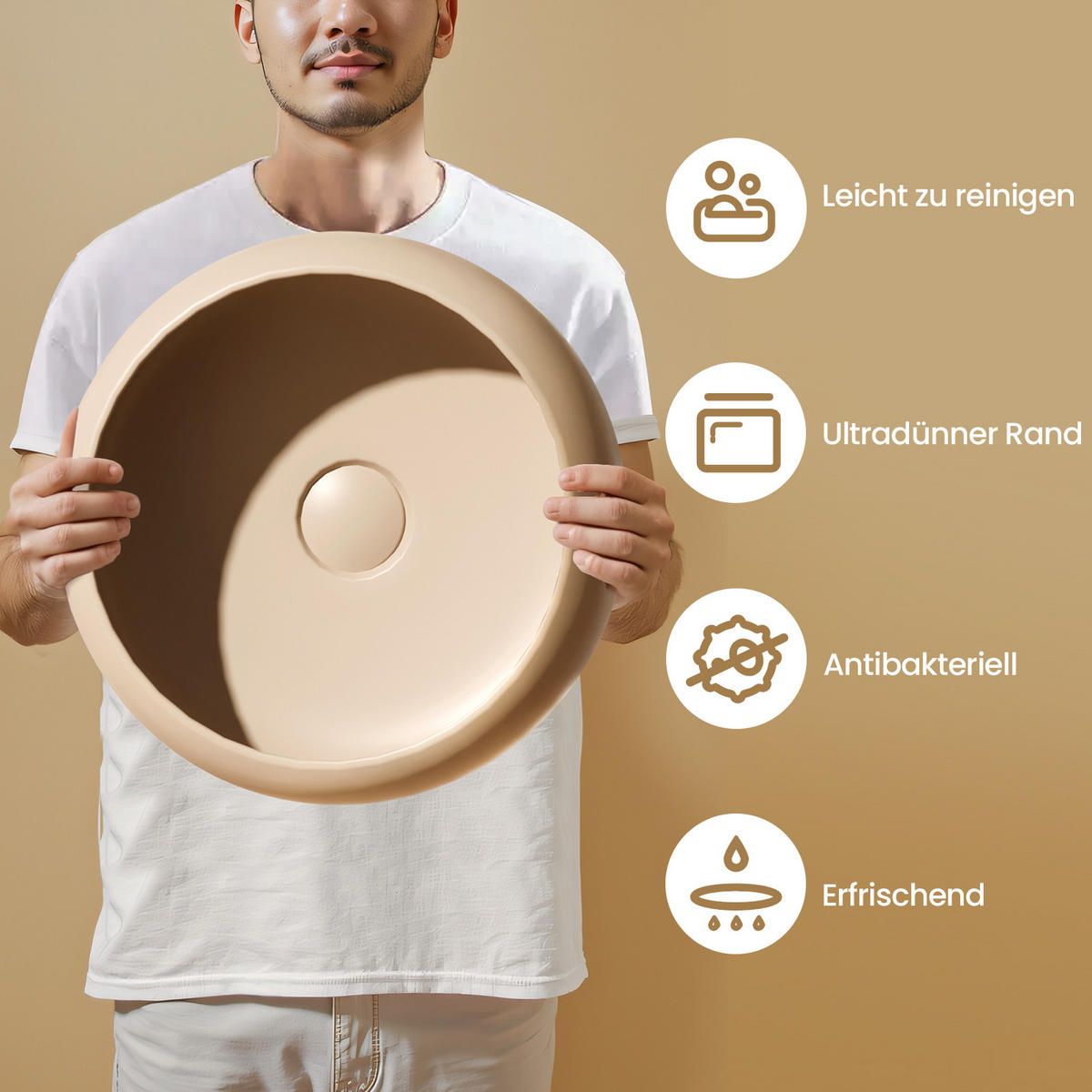 WASCHBECKEN Rund Gebogen Aufsatzmontage Mattbeige Ø36 / 12 cm - Beige, Keramik (36/12/36cm) - EMKE