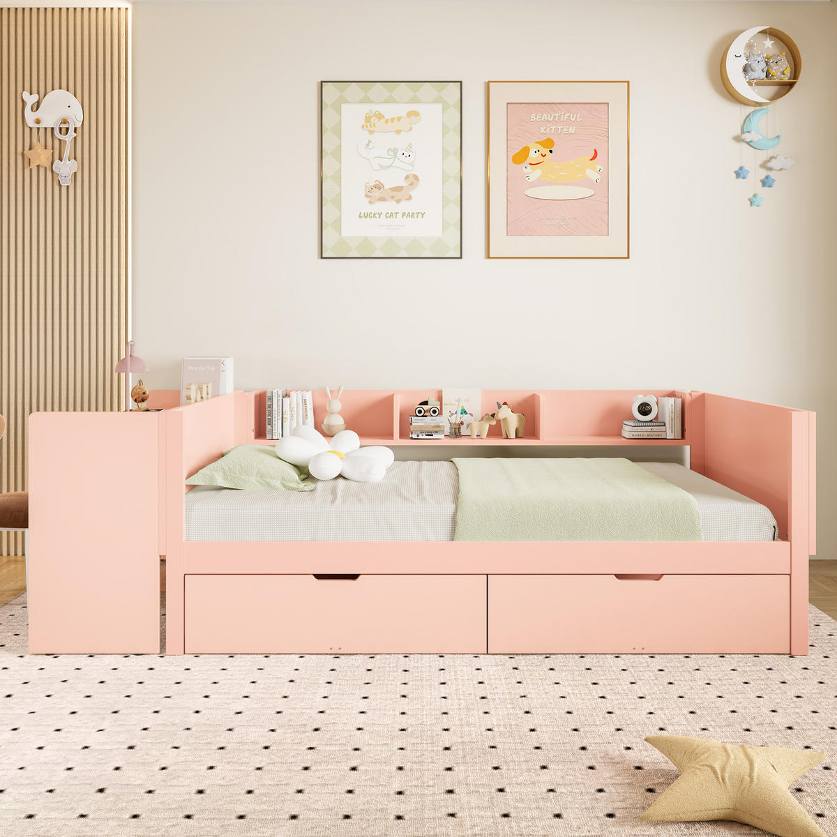 BETT 90/200 cm Rosa mit Schreibtisch und 2 Schubladen - Rosa, Holz (90/200cm) - OKWISH