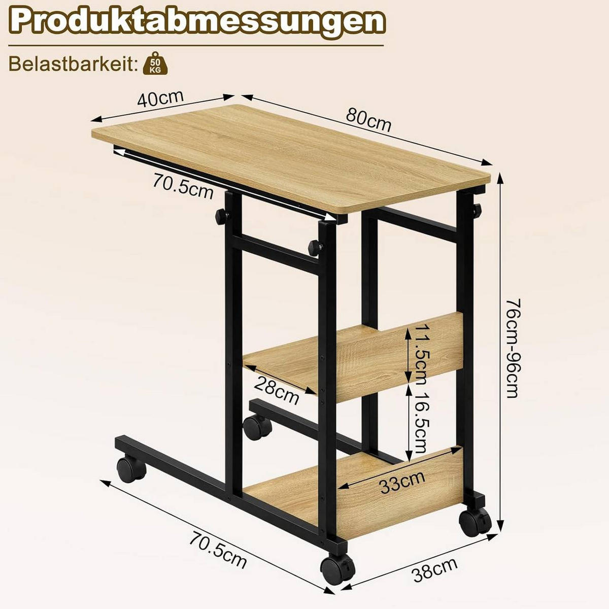 BEISTELLTISCH C Form, mit Rollen, helle Eiche + Schwarz - Eichefarben/Schwarz, Holzwerkstoff/Metall (40/80/76cm) - Woltu