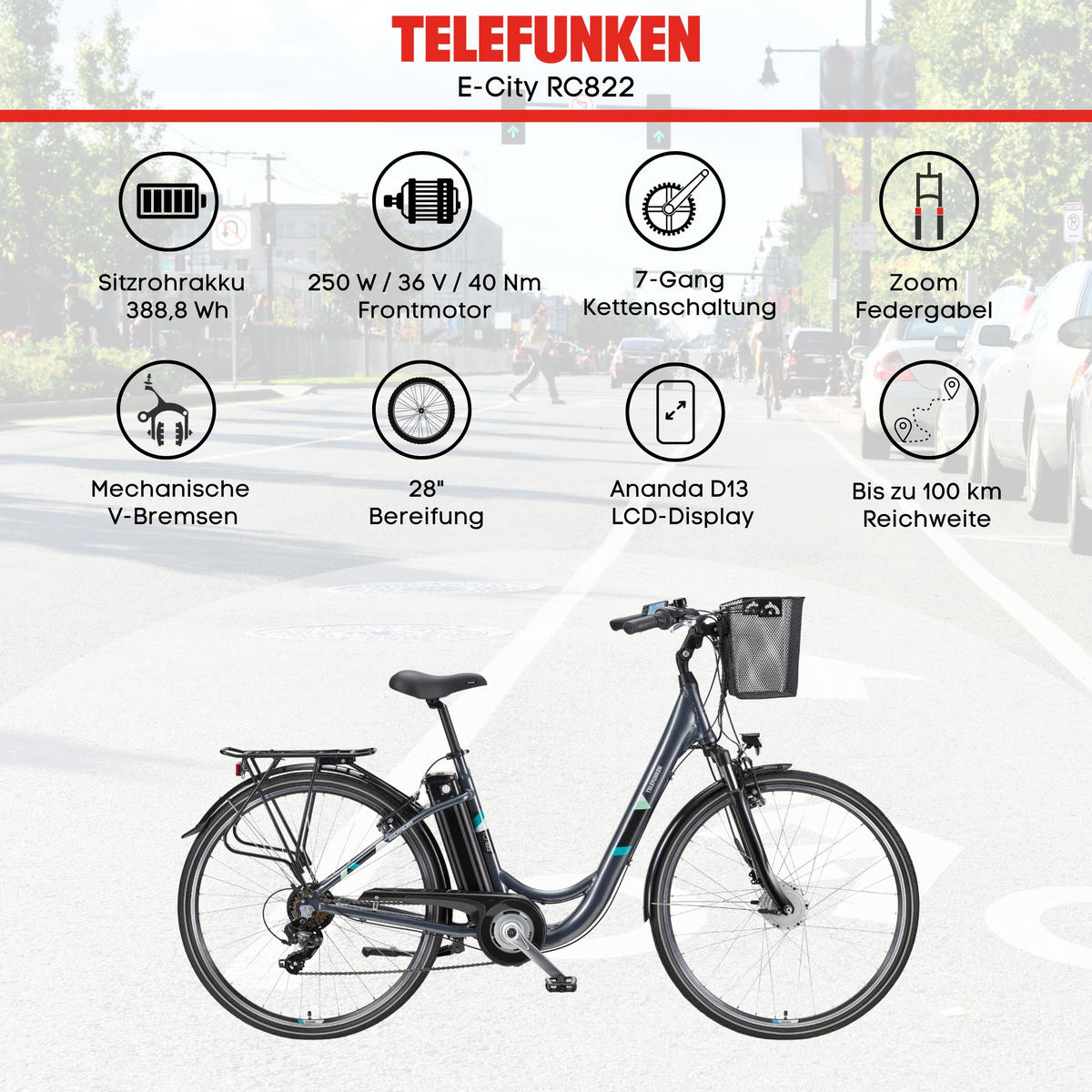 E-BIKE Cityrad Multitalent RC822 Für Damen u. Herren 374,4 Wh Frontmotor 7-Gang-Kettenschaltung 28 Zoll - Anthrazit, Metall (114.5cm) - Telefunken