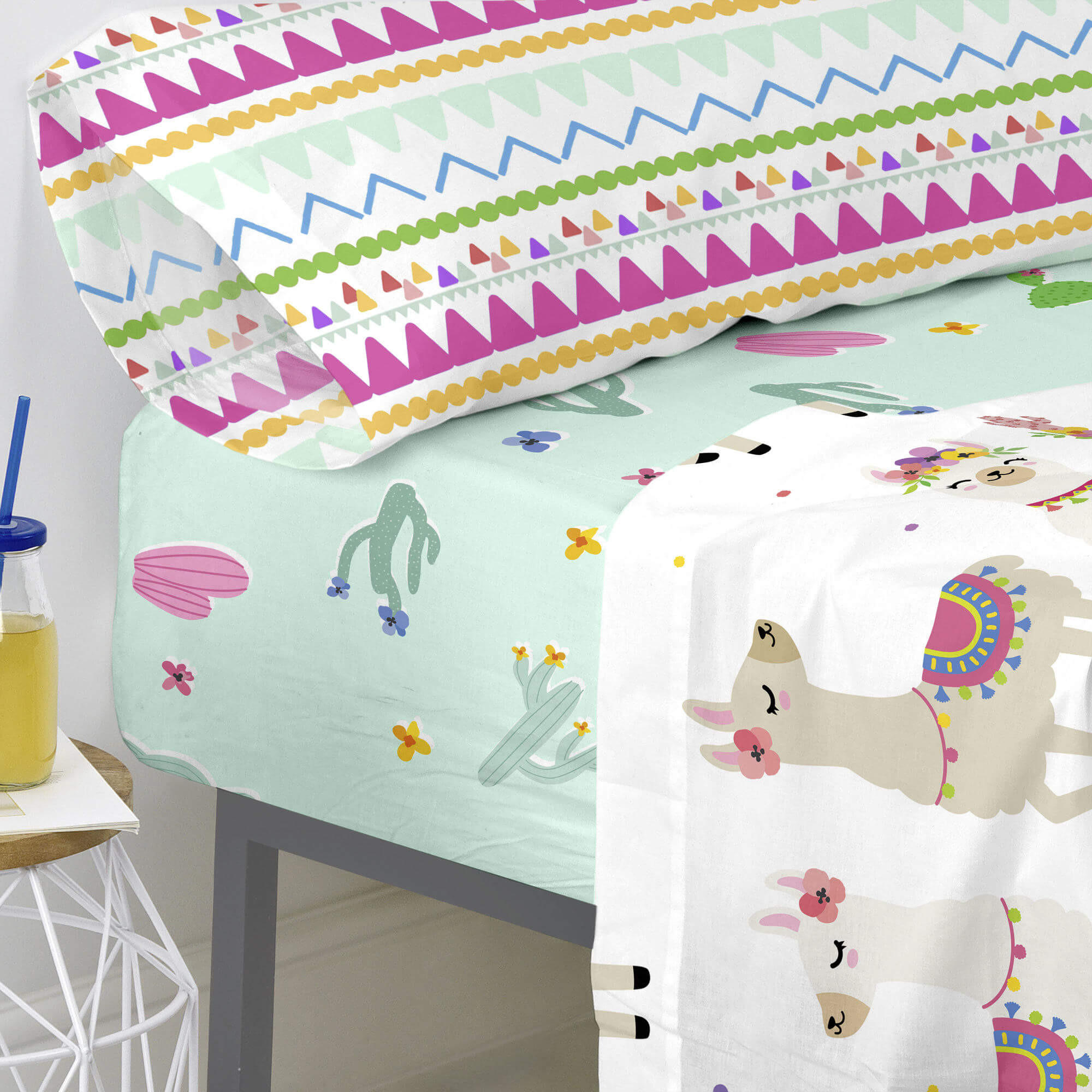 SPANNBETTTUCH cute llamas 90x200x32 cm mehrfarbig - Multicolor, Textil (90/200cm) - Happy Friday