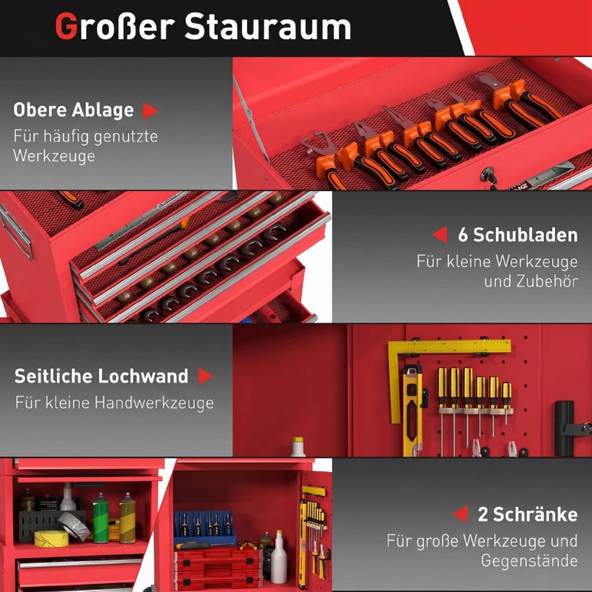 KOMBINATIONSSCHRANK – 6 Schubladen, 2 Staufächer, Stahl, abschließbar, rot - Rot, Metall (33.5/131/60.5cm) - DCA