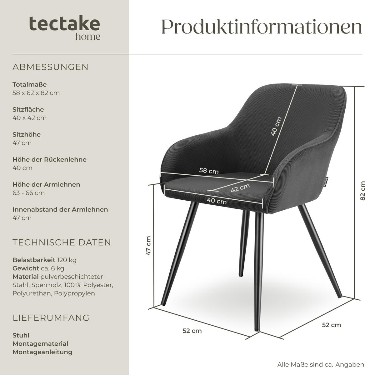 ESSZIMMERSTUHL 1er Set Marilyn 58 x 62 x 82 cm anthrazit/schwarz - Anthrazit/Schwarz, Kunststoff (62/82/58cm) - tectake