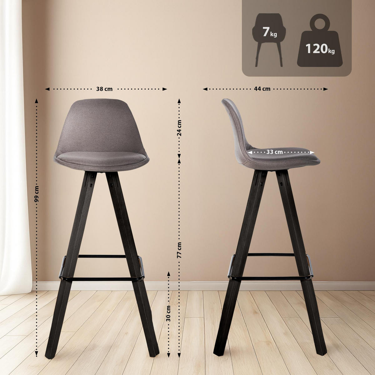BARHOCKER 2er Set Stoff Taupe - Taupe/Schwarz, Holz/Textil (38/99/44cm) - CLP