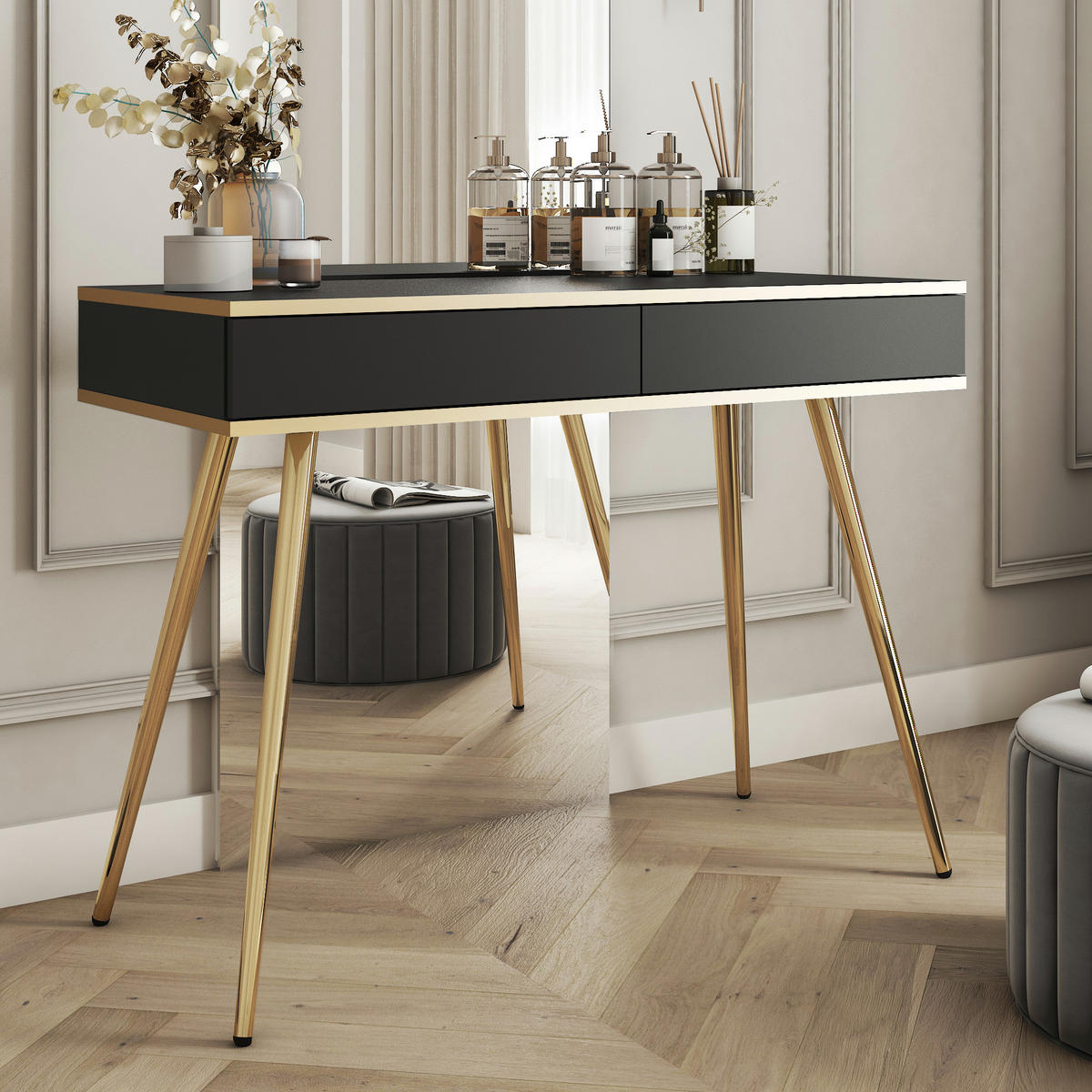 SCHMINKTISCH BANFF TOA1-2S Goldene Metallbeine, Schwarz - Schwarz, Holzwerkstoff/Kunststoff (102/80/50cm) - Komodee