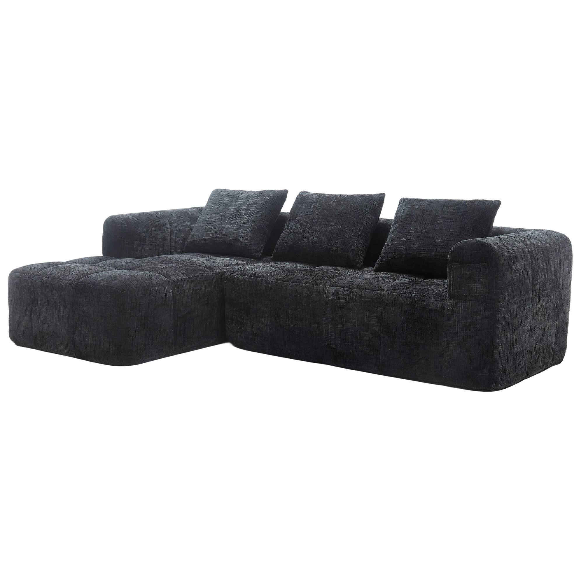 ECKSOFA 250/158/60 cm schwarz aus Chenille mit Chaiselongue - Schwarz, Textil (250/158cm) - OKWISH